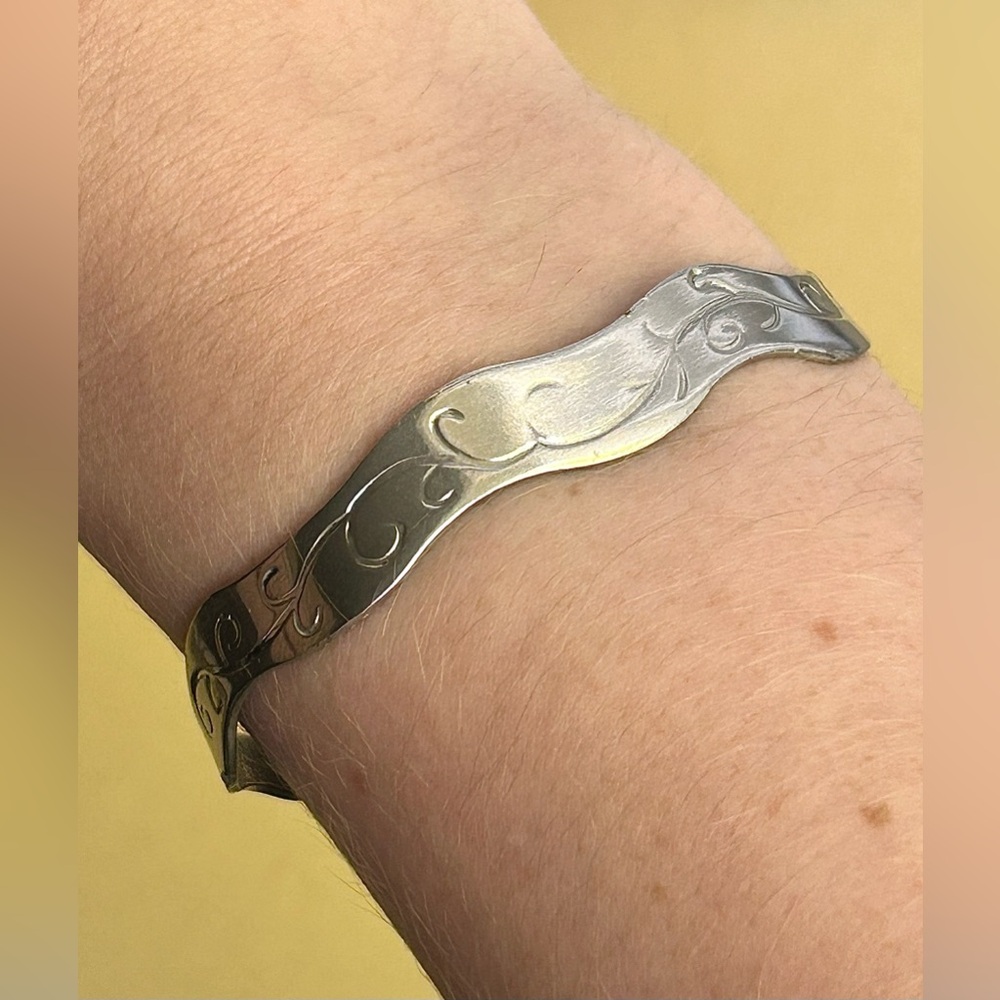 Engraved Silver Tone Adjustable Cuff Bracelet - image 1